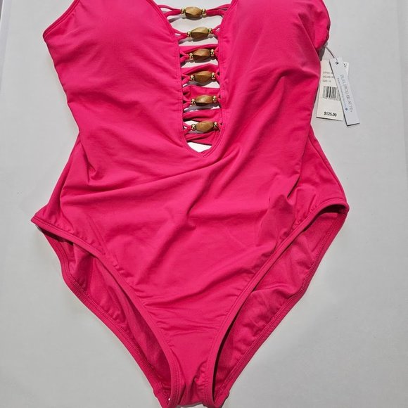Bleu by Rod Beattie Beaded-Cutout One-Piece Swimsuit Rose Red Size 14 - Picture 5 of 14
